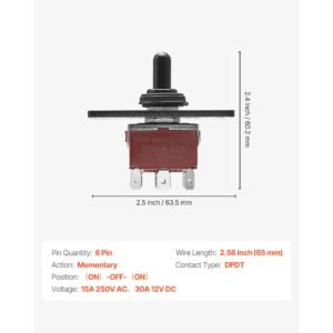 toggle switch, 6 pin momentary polarity reversing toggle switch (on) off (on) dc 12v/30a ac 250v/15a with up down mounting panel & waterproof boot cap for auto car marine boat