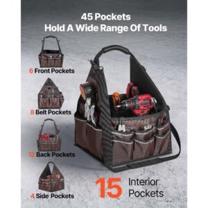 tool bag, 13 inch, 45 pocket open top tool tote, electrical maintenance toolbox organizer storage with handle, adjustable shoulder strap, portable toolbag, for professionals diy & jobsite use