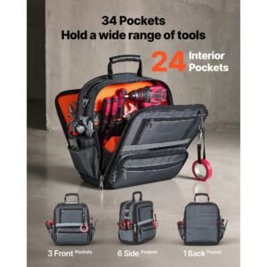 tool bag, 13.2 inch, 34 pocket portable large tool box organizer storage, carry toolbox with hard plastic base, large zipper, adjustable shoulder strap, for men women dad husband fathers day