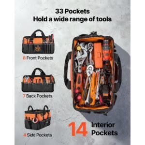 tool bag, 15.7 inch, 33 pocket portable tool box organizer storage, toolbox with soft handle, large zipper, adjustable shoulder strap, carrying toolbag, for men women dad husband fathers day