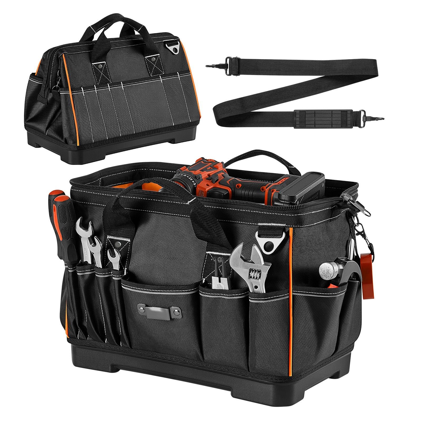 tool bag, 16.1 inch, 33 pocket portable large tool box organizer storage, toolbox with water resistant base, zipper, adjustable shoulder strap toolbag, for men women dad husband fathers day