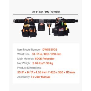 tool belt, 18 pockets professional tool pouch for men, heavy duty adjustable utility belt detachable work bag for electrician, carpenter, construction, work apron organizer, adjusts 31in to 51in