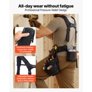 tool belt, 19 pockets tool pouch with suspenders for men, heavy duty adjustable utility belt work bag detachable suspension rig for electrician, carpenter, construction, adjust waist 31 to 51in