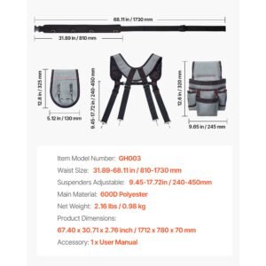 tool belt, 22 pockets tool pouch with suspenders for men, heavy duty adjustable utility belt bag suspenders for electrician, carpenter, construction, work apron organizer waist adjust 32 to 68in