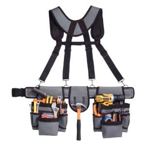 tool belt, 22 pockets tool pouch with suspenders for men, heavy duty adjustable utility belt bag suspenders for electrician, carpenter, construction, work apron organizer waist adjust 32 to 68in
