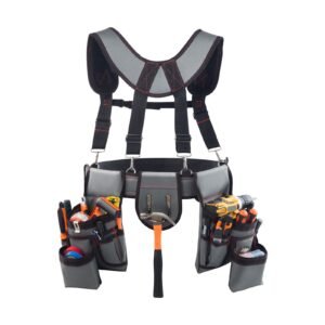 tool belt, 22 pockets tool pouch with suspenders for men, heavy duty adjustable utility belt bag suspenders for electrician, carpenter, construction, work apron organizer waist adjust 32 to 68in