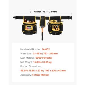 tool belt, magnetic tool pouch for men, 28 pockets heavy duty adjustable utility belt detachable work bag for electrician, carpenter, construction, work apron organizer, waist adjust 31 to 48in