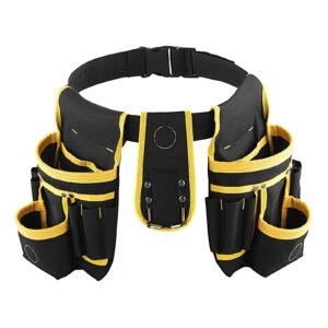tool belt, magnetic tool pouch for men, 28 pockets heavy duty adjustable utility belt detachable work bag for electrician, carpenter, construction, work apron organizer, waist adjust 31 to 48in