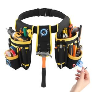 tool belt, magnetic tool pouch for men, 28 pockets heavy duty adjustable utility belt detachable work bag for electrician, carpenter, construction, work apron organizer, waist adjust 31 to 48in
