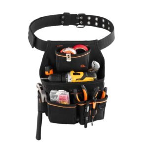 tool pouch with belt, 14 pockets professional tool belt pouch for men, heavy duty detachable adjustable utility work bag for electrician, carpenter, construction, adjusts waist 32 to 50 inches