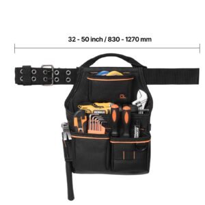 tool pouch with belt, 14 pockets professional tool belt pouch for men, heavy duty detachable adjustable utility work bag for electrician, carpenter, construction, adjusts waist 32 to 50 inches