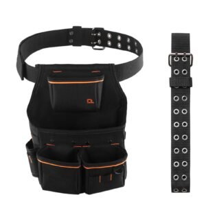 tool pouch with belt, 14 pockets professional tool belt pouch for men, heavy duty detachable adjustable utility work bag for electrician, carpenter, construction, adjusts waist 32 to 50 inches