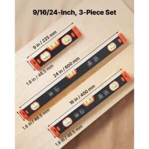 torpedo level, 3 piece included 9/16/24 in, magnetic leveler tool set aluminum alloy, with clear 3 green vials, v groove, hanging hole, multi angle measurement for construction home renovation