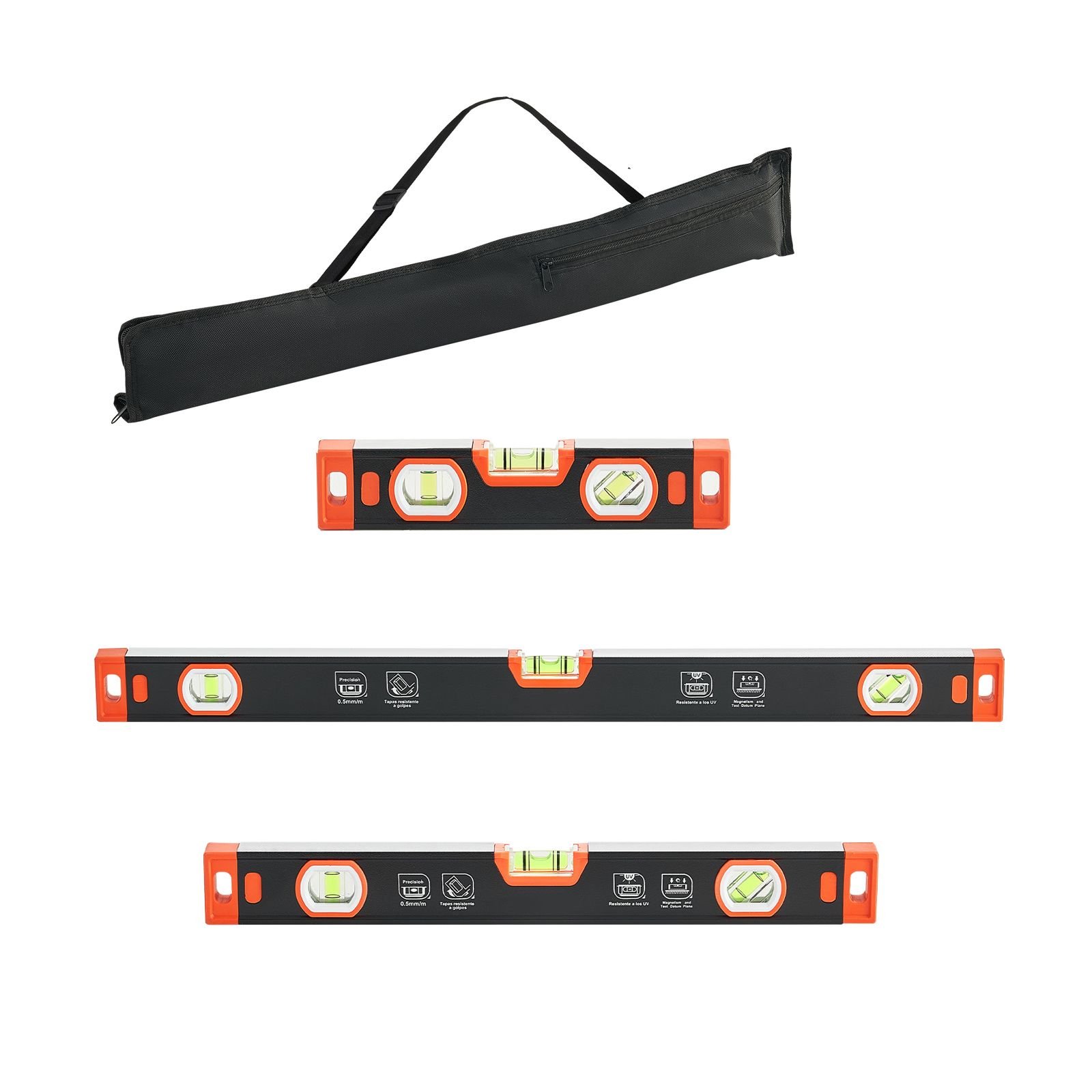 torpedo level, 3 piece included 9/16/24 in, magnetic leveler tool set aluminum alloy, with clear 3 green vials, v groove, hanging hole, multi angle measurement for construction home renovation