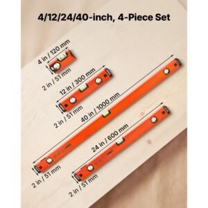 torpedo level, 4 piece included 4/12/24/40 in, magnetic leveler tool set aluminum alloy, with clear 3 green vials, hanging hole, box beam multi angle measurement for construction home renovation