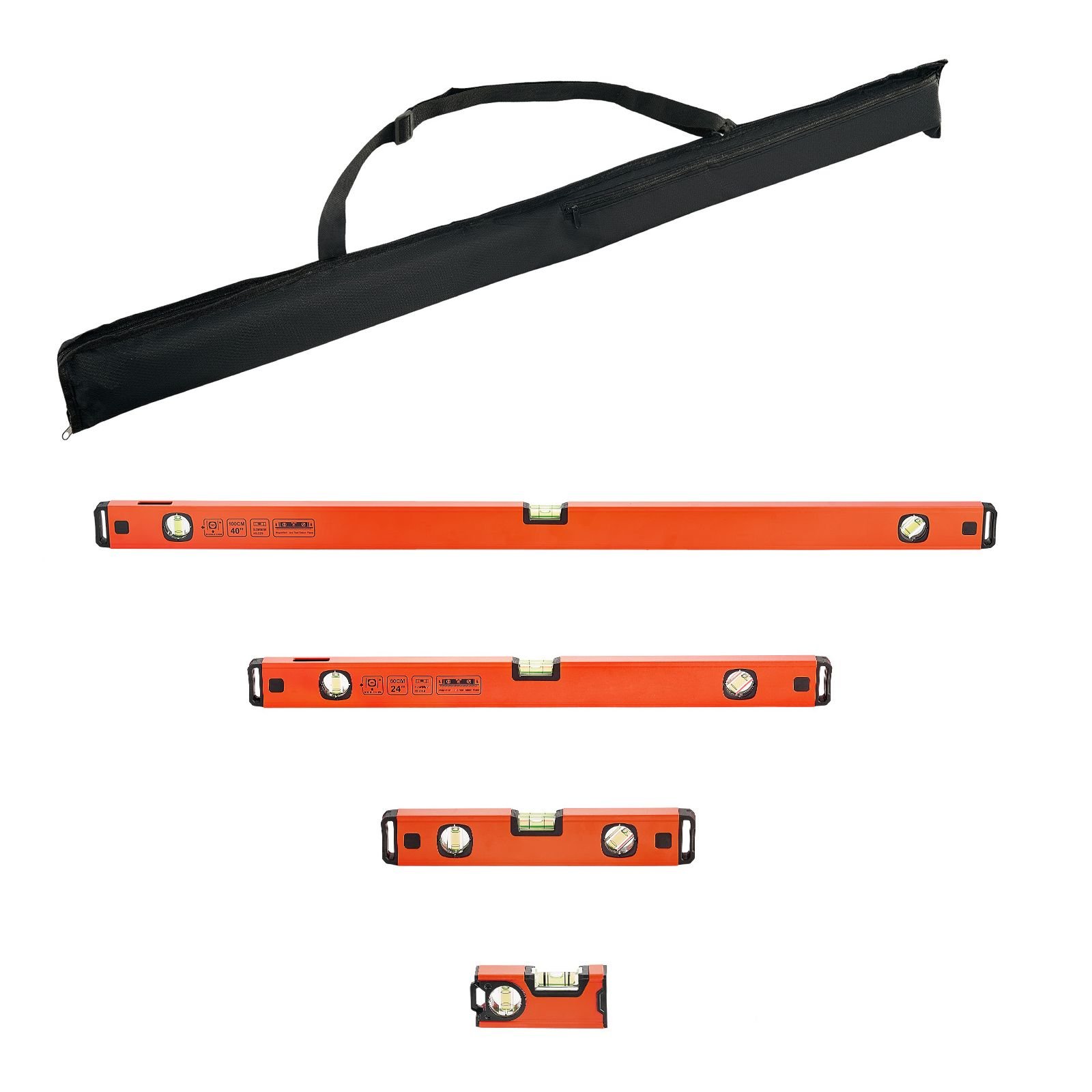 torpedo level, 4 piece included 4/12/24/40 in, magnetic leveler tool set aluminum alloy, with clear 3 green vials, hanging hole, box beam multi angle measurement for construction home renovation