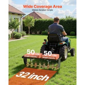 tow behind plug aerator, 32 in lawn spike aerator with universal hitch, heavy duty & rust resistant, pull behind spike aerator tool with folded edge tray, for farmland & garden tractors
