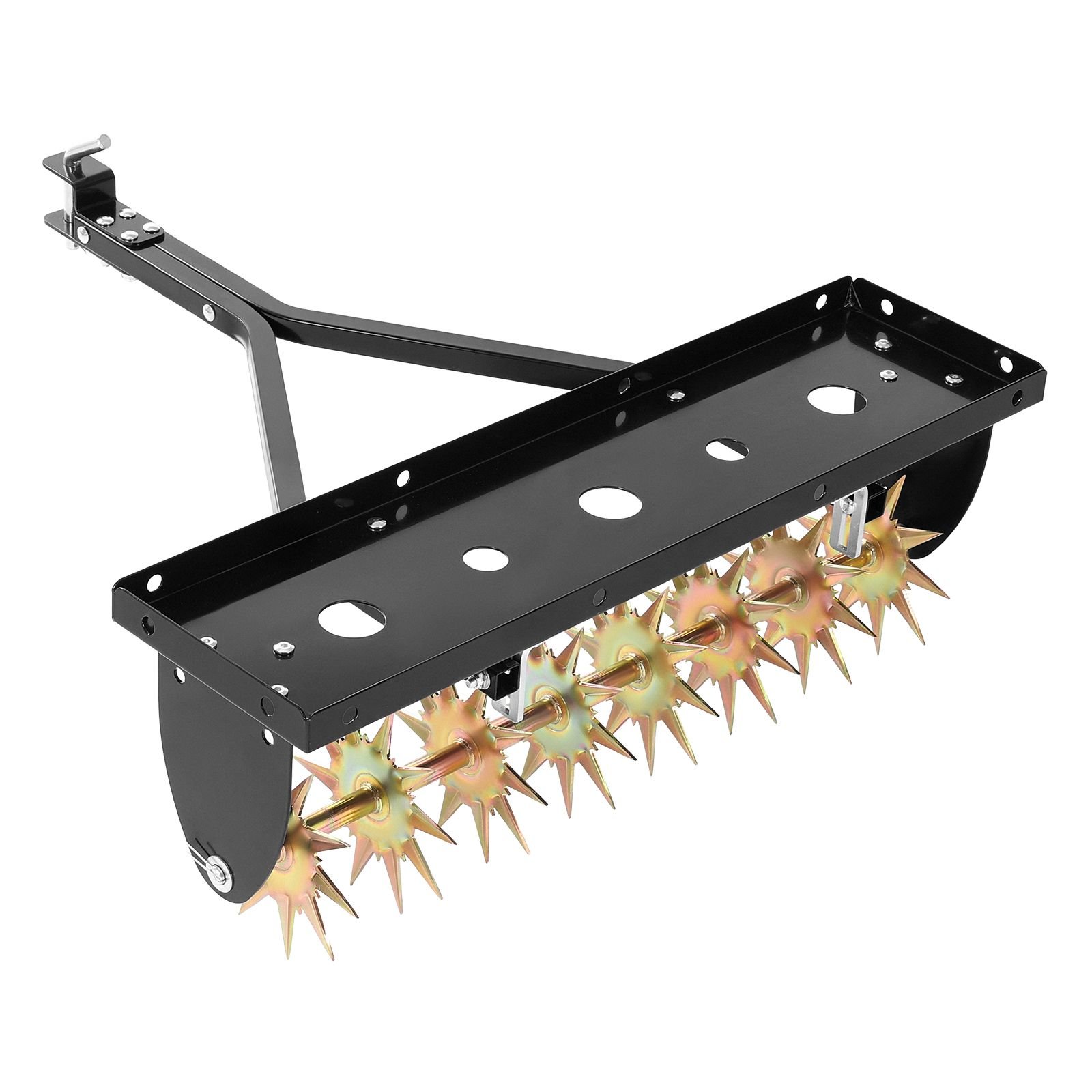 tow behind plug aerator, 32 in lawn spike aerator with universal hitch, heavy duty & rust resistant, pull behind spike aerator tool with folded edge tray, for farmland & garden tractors