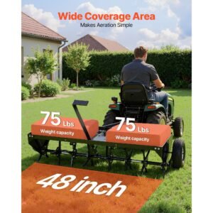 tow behind plug aerator, 40 in lawn core aerator tool universal hitch, 150lbs weight capacity, heavy duty pull behind spike aerators with tray & 10.6 in wheels, for farmland & garden tractors