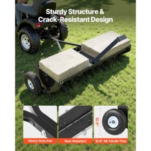 tow behind plug aerator, 40 in lawn core aerator tool universal hitch, 150lbs weight capacity, heavy duty pull behind spike aerators with tray & 10.6 in wheels, for farmland & garden tractors