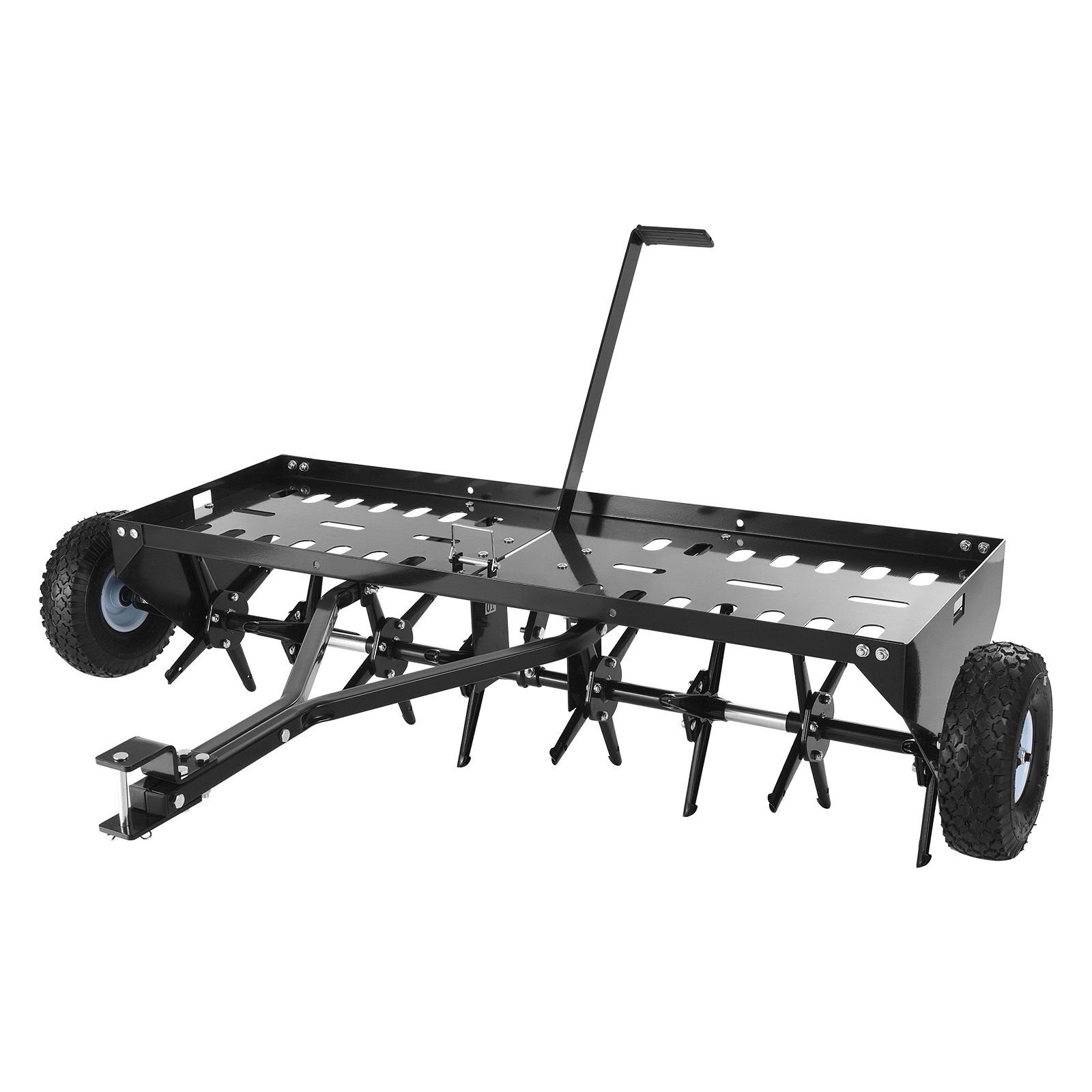 tow behind plug aerator, 40 in lawn core aerator tool universal hitch, 150lbs weight capacity, heavy duty pull behind spike aerators with tray & 10.6 in wheels, for farmland & garden tractors