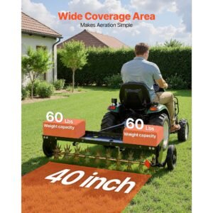 tow behind plug aerator, 40 in lawn spike aerator with universal hitch, 150lbs weight capacity, heavy duty & rust resistant, pull behind aeration tool with tray for farmland & garden tractors