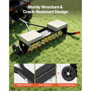 tow behind plug aerator, 40 in lawn spike aerator with universal hitch, 150lbs weight capacity, heavy duty & rust resistant, pull behind aeration tool with tray for farmland & garden tractors