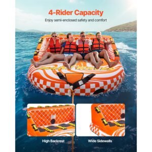 towable tube for boating, 1 4 riders inflatable boat tubes and towables, 680lbs water sport towable tube for boat to pull with full nylon cover, 22 grab handles, dual tow points & safety valve