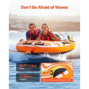 towable tubes for boating, 1 2 riders inflatable towable tube for boat to pull, 340lbs capacity boat tubes and towables for water sports with fins, double stitched nylon cover & padded handles