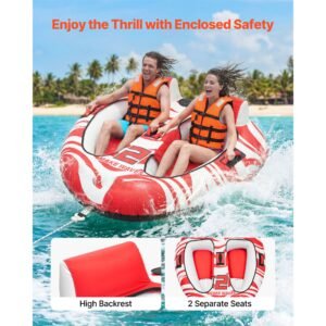 towable tubes for boating, 2 rider inflatable boat tubes and towables, 340 lbs capacity water sport tubes for boat to pull with 2 cockpits, full nylon cover, padded grab handles & safety valve