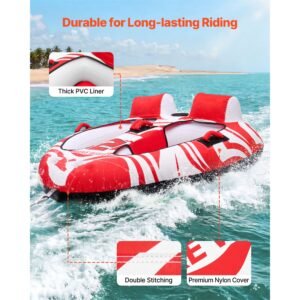 towable tubes for boating, 2 rider inflatable boat tubes and towables, 340 lbs capacity water sport tubes for boat to pull with 2 cockpits, full nylon cover, padded grab handles & safety valve