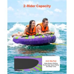 towable tubes for boating, 2 rider inflatable boat tubes and towables, 340lbs capacity water sport tube for boat to pull with anti slip pad, full nylon cover, padded handles & safety valve