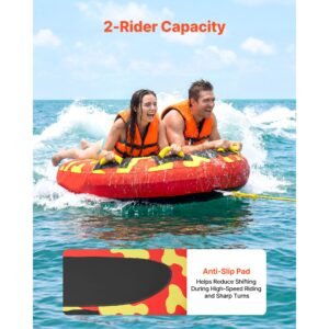 towable tubes for boating, 2 rider inflatable boat tubes and towables, 340lbs capacity water sport tube for boat to pull with anti slip pad, full nylon cover, padded handles & safety valve