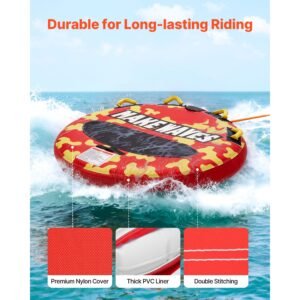 towable tubes for boating, 2 rider inflatable boat tubes and towables, 340lbs capacity water sport tube for boat to pull with anti slip pad, full nylon cover, padded handles & safety valve