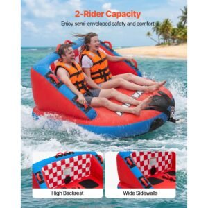towable tubes for boating, 2 rider inflatable towable tube for boat to pull, 340 lbs capacity water sports boating tubes with full nylon cover, dual tow points, safety valve & padded handles