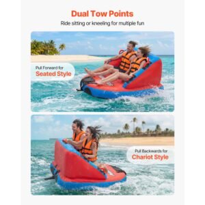 towable tubes for boating, 2 rider inflatable towable tube for boat to pull, 340 lbs capacity water sports boating tubes with full nylon cover, dual tow points, safety valve & padded handles