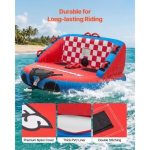 towable tubes for boating, 2 rider inflatable towable tube for boat to pull, 340 lbs capacity water sports boating tubes with full nylon cover, dual tow points, safety valve & padded handles