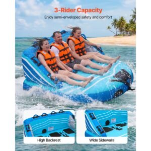towable tubes for boating, 3 rider inflatable towable tube for boat to pull, 510 lbs capacity water sports boating tubes with full nylon cover, dual tow points, safety valve & padded handles