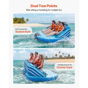 towable tubes for boating, 3 rider inflatable towable tube for boat to pull, 510 lbs capacity water sports boating tubes with full nylon cover, dual tow points, safety valve & padded handles