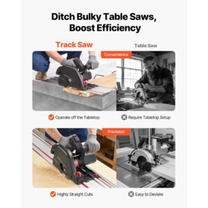 track saw, 6 1/2 inch, plunge cut circular saw kit, tracksaw with 48 tooth carbide tipped blade, 0 45° angle adjustment, 2.16 in cutting depth, for wood, plastic, guide rail not included, black