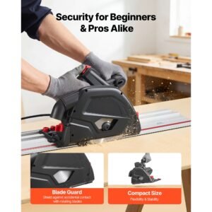 track saw, 6 1/2 inch, plunge cut circular saw kit, tracksaw with 48 tooth carbide tipped blade, 0 45° angle adjustment, 2.16 in cutting depth, for wood, plastic, guide rail not included, black