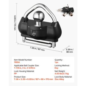 trailer hitch lock, fits for 1 7/8 in, 2 in, 2 5/16 in couplers, heavy duty anti theft trailer ball lock with 3 keys, prying resistant, adjustable height design for rvs, boats, trailers, black