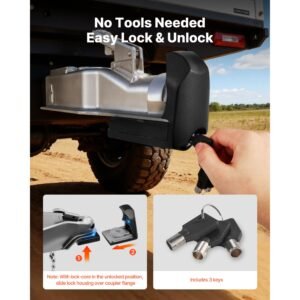 trailer hitch lock, fits for 1 7/8 in, 2 in, 2 5/16 in couplers, heavy duty anti theft trailer ball lock with 3 keys, prying resistant & impact resistant, fits for rvs, boats, trailers, black