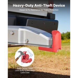 trailer hitch lock, fits for 1 7/8 in, 2 in, 2 5/16 in couplers, heavy duty anti theft trailer ball lock with 3 keys, prying resistant & impact resistant, fits for rvs, boats, trailers, red