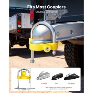 trailer hitch lock kit, fits for 1 7/8 in, 2 in, 2 5/16 in couplers, heavy duty anti theft trailer ball lock with keys, prying resistant, adjustable height design for rvs, boats, trailers