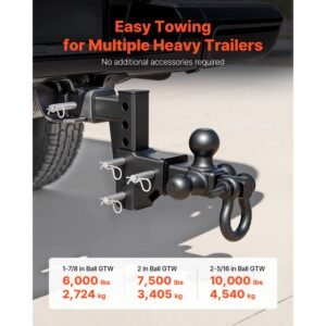 trailer hitch tri ball mount with d shackle, fit 2 inch receiver, 1 7/8 inch, 2 inch and 2 5/16 inch balls, 10000 lbs gtw, 6 inch drop, towing hitch for rvs, off road vehicles and trucks
