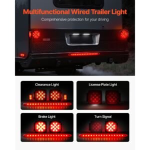 trailer lights, 12v led trailer tail lights kit with stop brake turn tail license plate clearance lamp, waterproof tow lighting kit with wiring harness for boat truck camper rv snowmobile bus