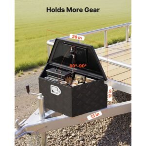 trailer tongue box, 26" x 13" x 12" aluminum trailer tongue tool box, heavy duty storage organizer with lock and keys, utility tool chest for pickup truck bed, rv, suv, off road vehicle, black