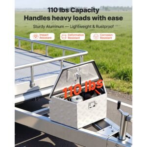 trailer tongue box, 26" x 13" x 12" aluminum trailer tongue tool box, heavy duty storage organizer with lock and keys, utility tool chest for pickup truck bed, rv, suv, off road vehicle, silver