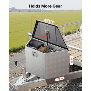 trailer tongue box, 33" x 19" x 18" aluminum trailer tongue tool box, heavy duty storage organizer with lock and keys, utility tool chest for pickup truck bed, rv, suv, off road vehicle, silver
